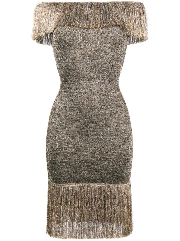 Christopher Kane Off-shoulder Fringed Knee-length Dress - Metallic