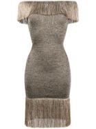 Christopher Kane Off-shoulder Fringed Knee-length Dress - Metallic