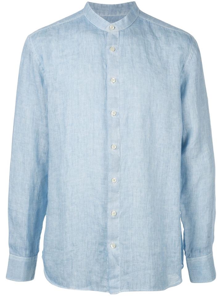120% Lino Long Sleeved Grandad Shirt - Blue