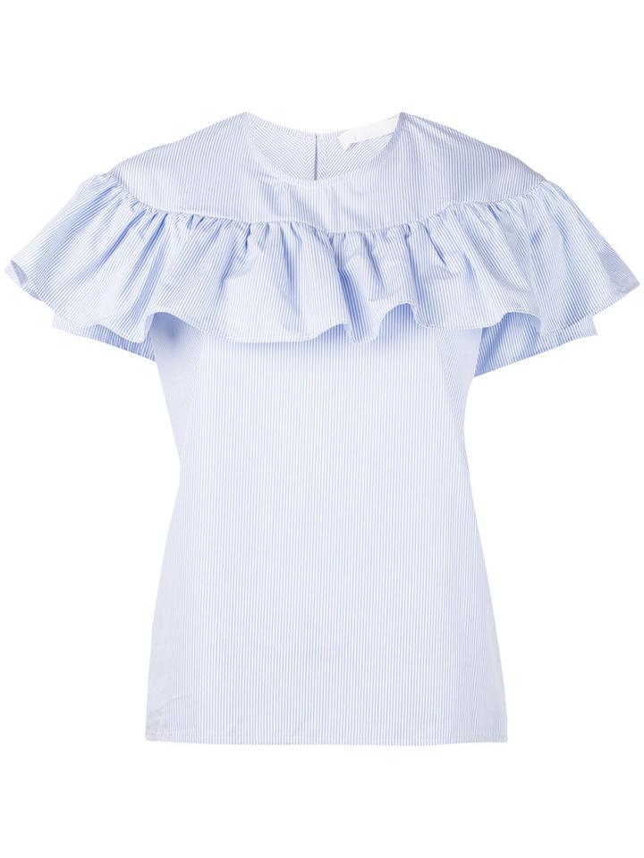 Water - Pinstripe Frill Blouse - Women - Cotton - Xs, Blue, Cotton