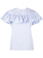 Water - Pinstripe Frill Blouse - Women - Cotton - Xs, Blue, Cotton