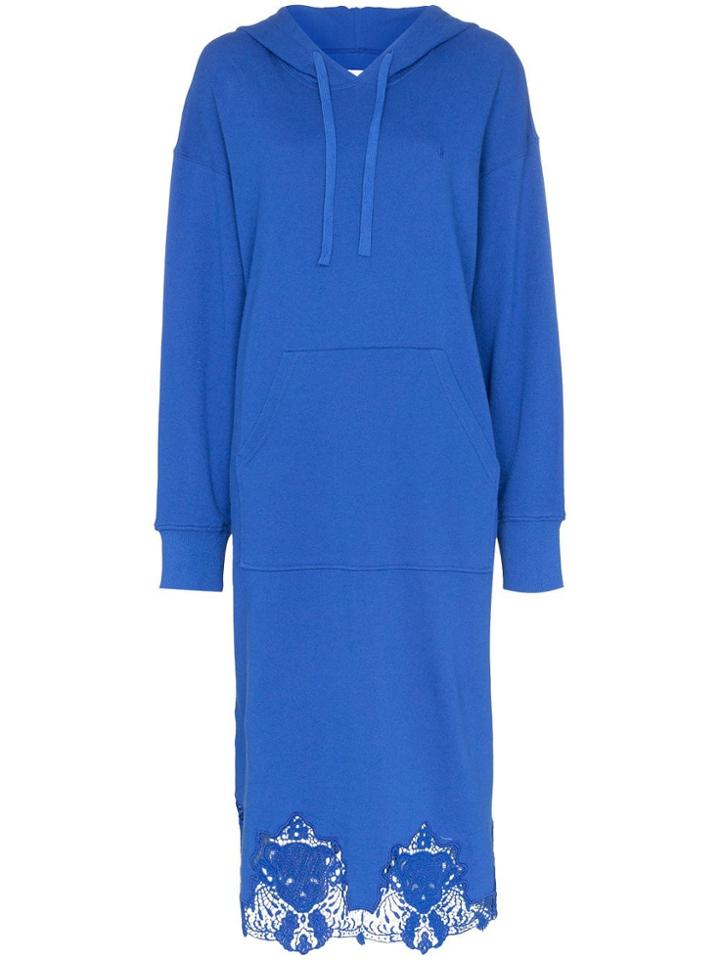 Pushbutton Lace-hem Hoodie Midi Dress - Blue