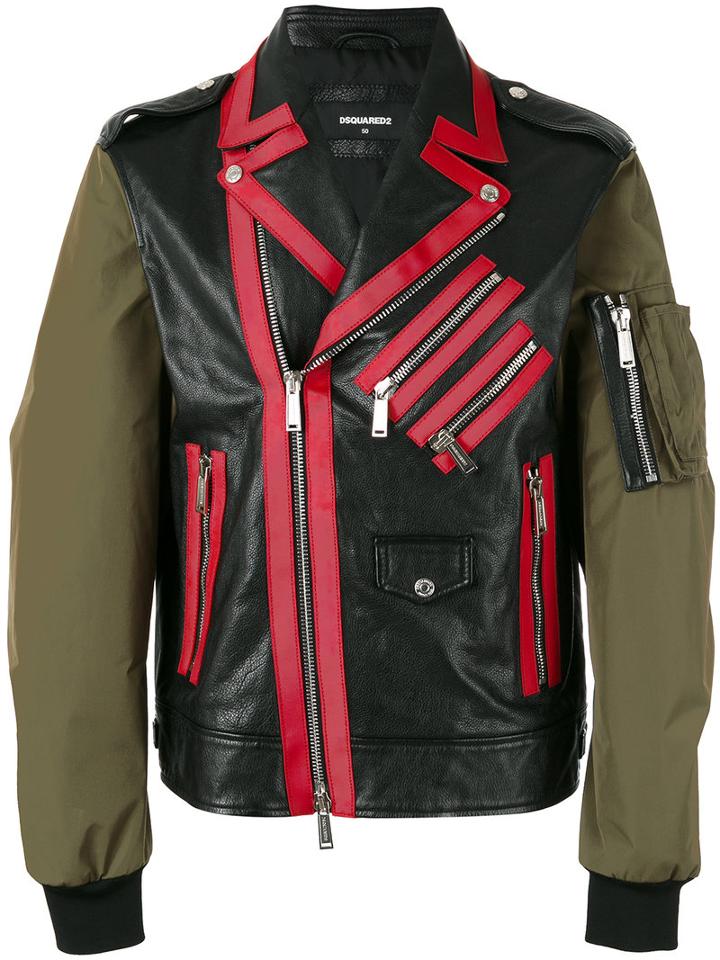 Dsquared2 Contrast Sleeve Chiodo Jacket, Men's, Size: 56, Black, Calf Leather/polyester