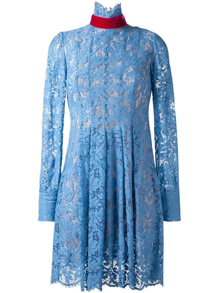 Msgm High Neck Lace Dress, Women's, Size: 42, Blue, Cotton/polyamide/polyester