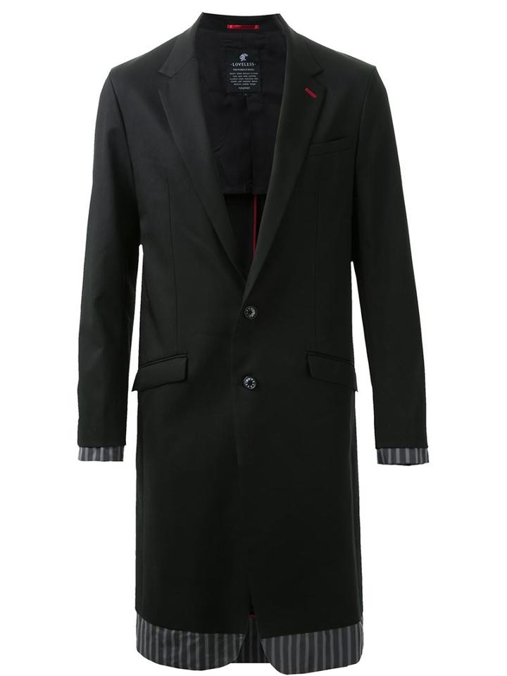 Loveless Contrast Panel Long Single Breasted Jacket, Men's, Size: Small, Black, Nylon/polyurethane/tencel