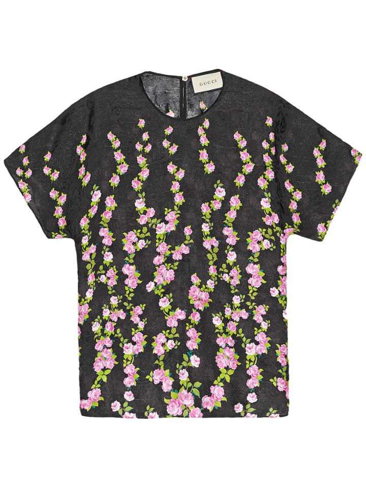 Gucci Climbing Roses Print Silk Top - Black