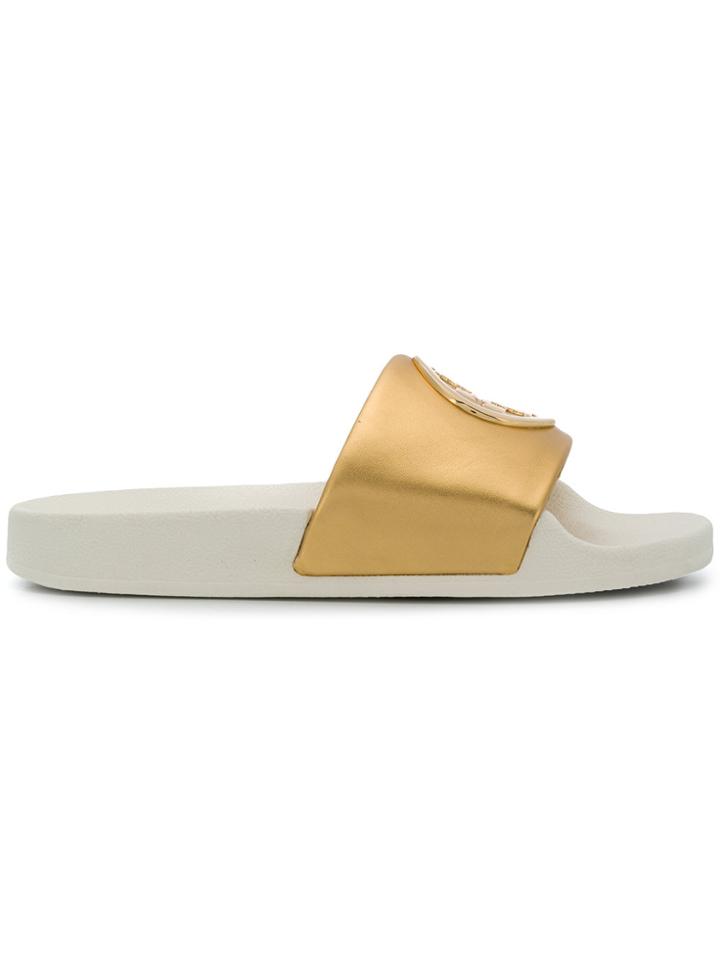 Tory Burch Logo Medallion Slides - Metallic
