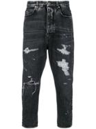Overcome Distressed Denim Cropped Straight Leg Five Pocket Jeans -