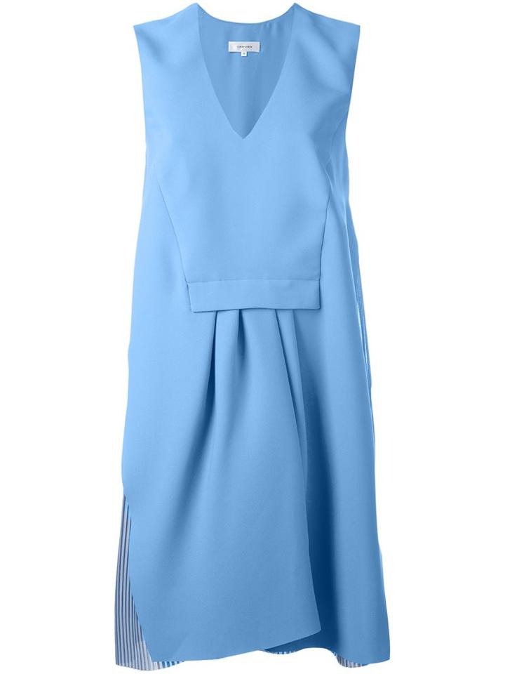 Carven Pleated V Neck Dress, Women's, Size: 38, Blue, Polyester/acetate/silk
