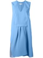 Carven Pleated V Neck Dress, Women's, Size: 38, Blue, Polyester/acetate/silk