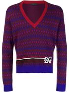 Prada V-neck Intarsia Logo Sweater - Blue