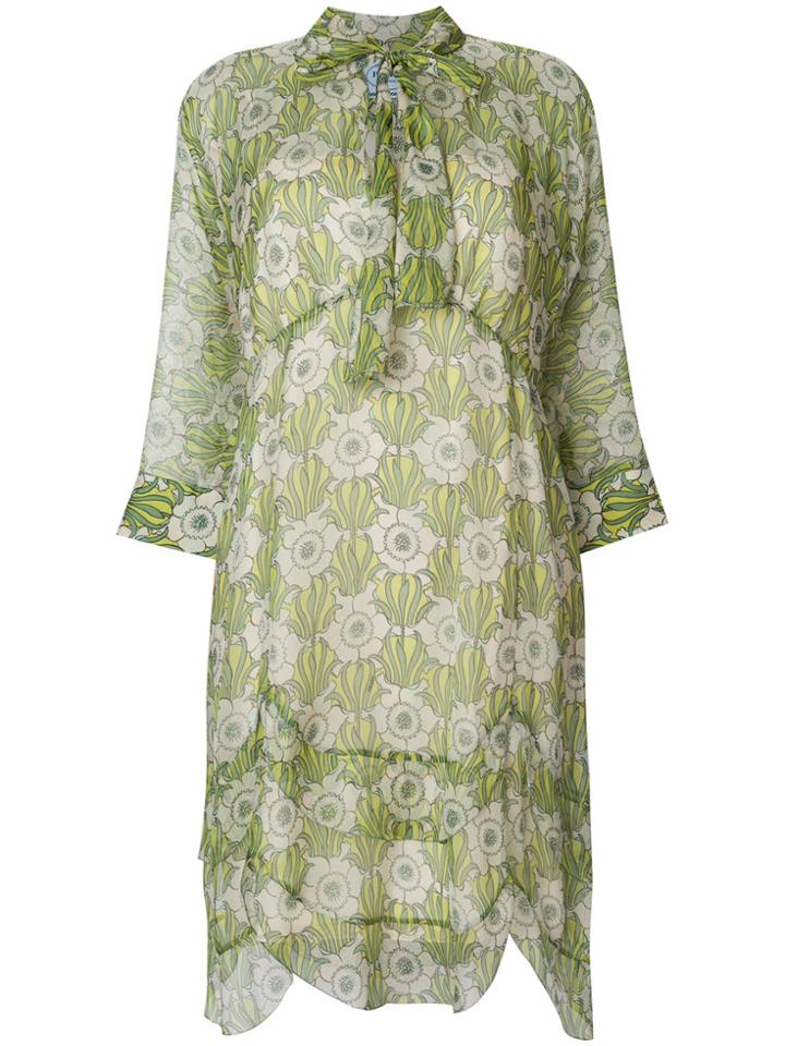 Prada Floral-print Tie-neck Dress - Green