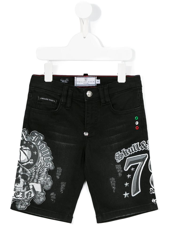 Philipp Plein Kids Printed Denim Shorts, Boy's, Size: 12 Yrs, Black
