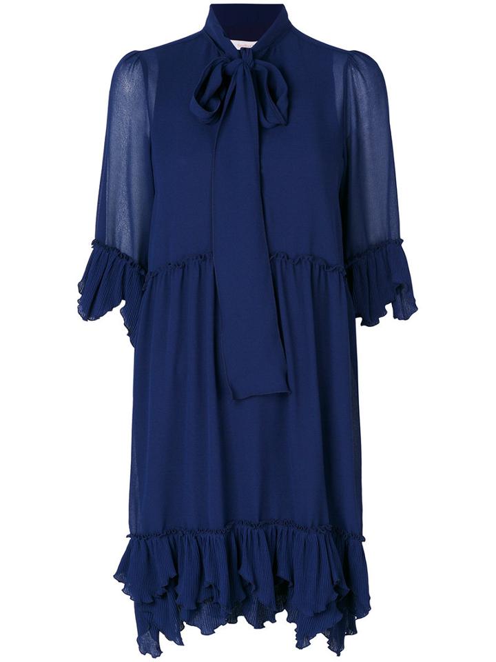 See By Chloé - Ruffled Pussy Bow Dress - Women - Polyester/viscose - 40, Blue, Polyester/viscose
