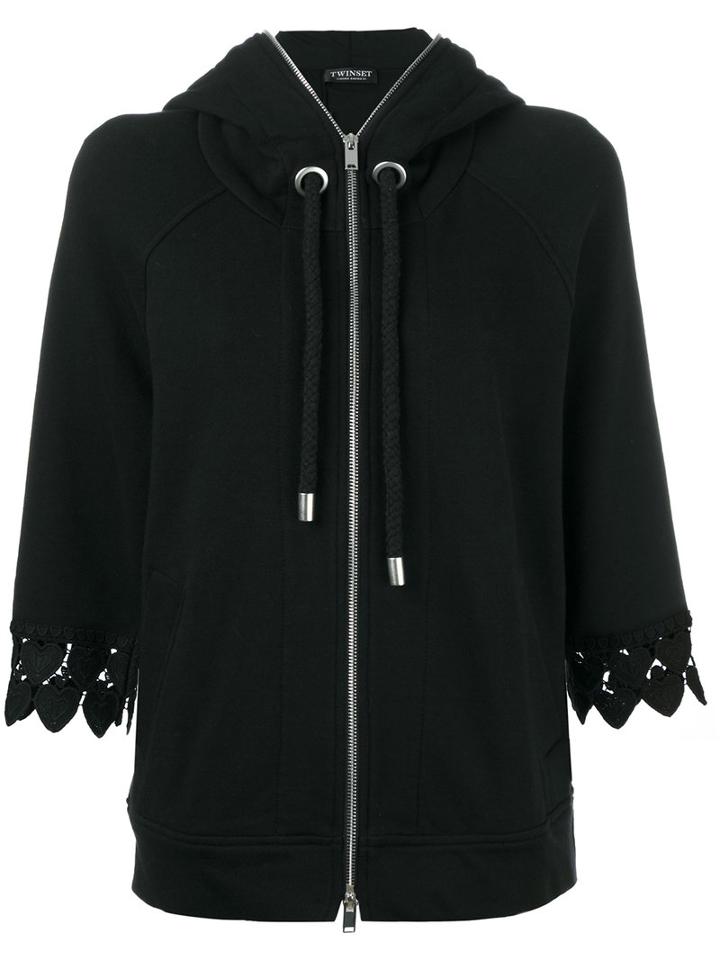 Twin-set - Embroidered Sleeves Hoodie - Women - Cotton - S, Women's, Black, Cotton