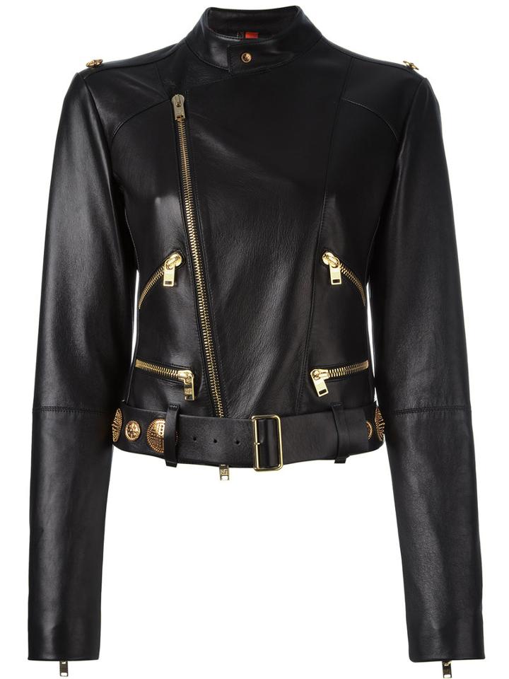 Fausto Puglisi Studded Belt Biker Jacket, Women's, Size: 42, Black, Leather/silk