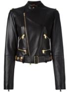 Fausto Puglisi Studded Belt Biker Jacket, Women's, Size: 42, Black, Leather/silk