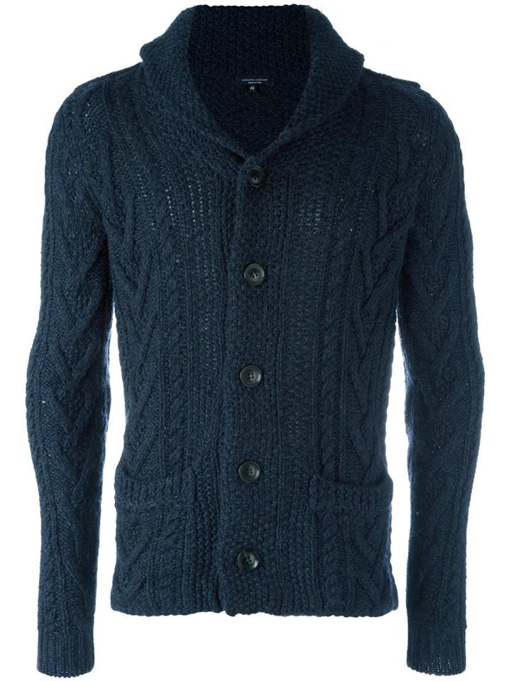 Roberto Collina Cable Knit Cardigan, Men's, Size: 48, Blue, Wool