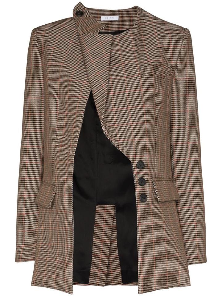 Delada Asymmetric Lapel Check Blazer - Brown
