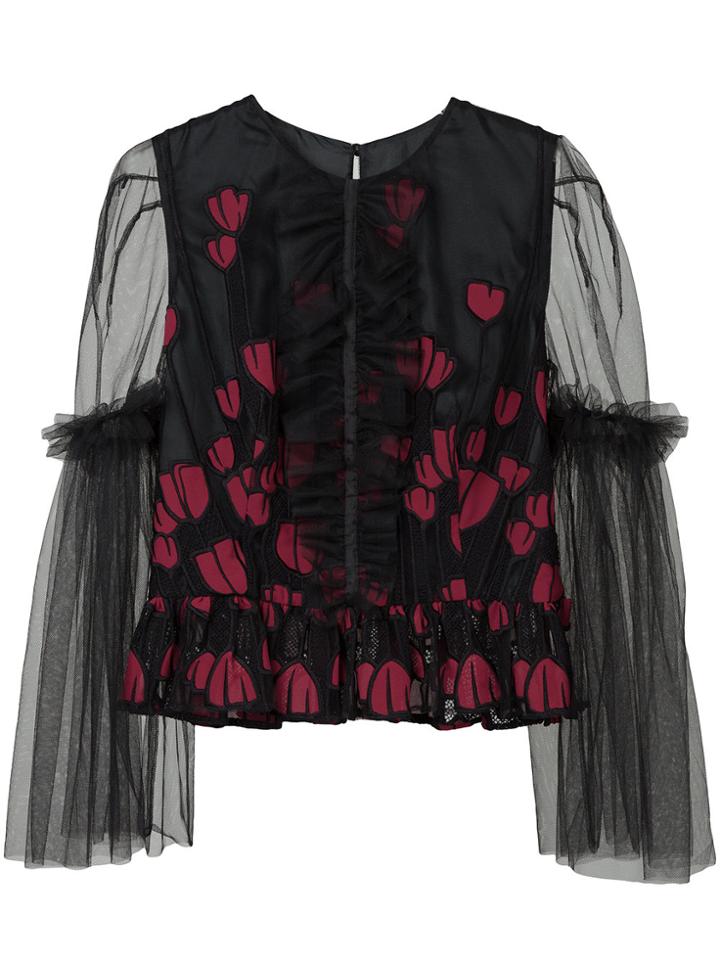 Ingie Paris Tule Floral Appliqué Top - Black