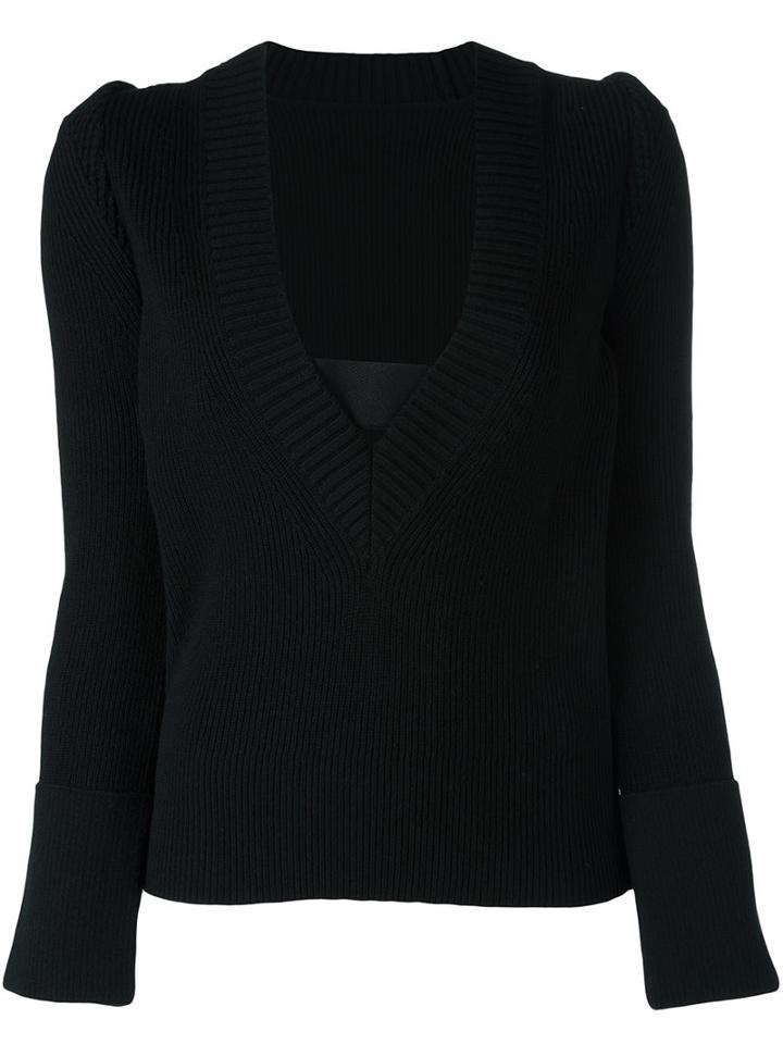 Sacai Ribbed V-neck Jumper, Women's, Size: 3, Black, Wool