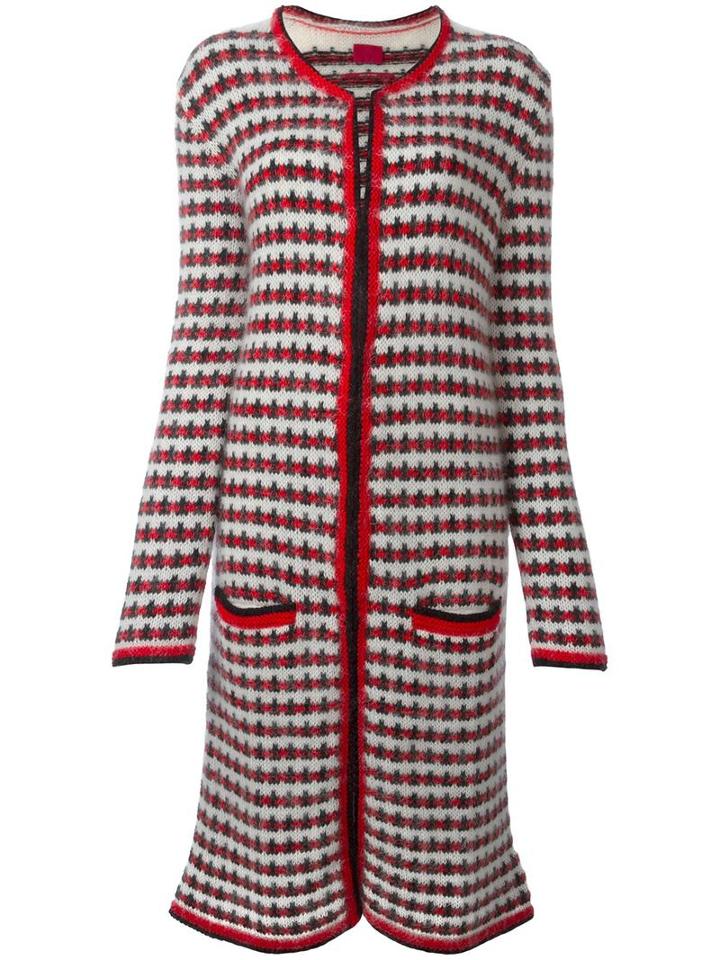 Patterned Knit Long Coat, Women's, Size: 44, Red, Wool/mohair/polyamide, Moncler Gamme Rouge