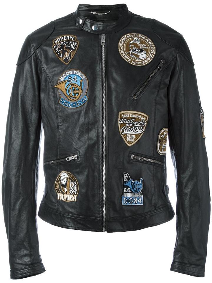 Dolce & Gabbana Musical Patch Leather Jacket, Men's, Size: 50, Black, Bullhide Leather/silk/viscose/polypropylene