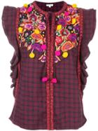 Manoush Floral Embroidered Check Blouse, Women's, Size: 40, Red, Cotton/polyester