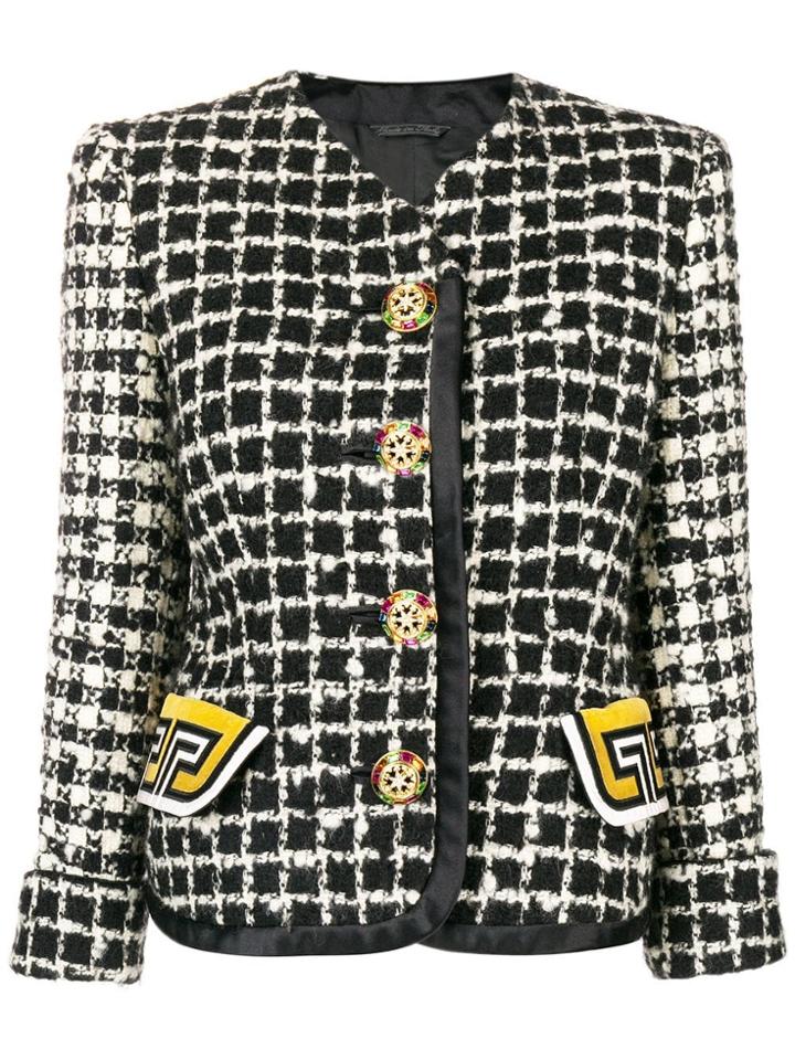 Versace Vintage Checked Collarless Jacket - Black