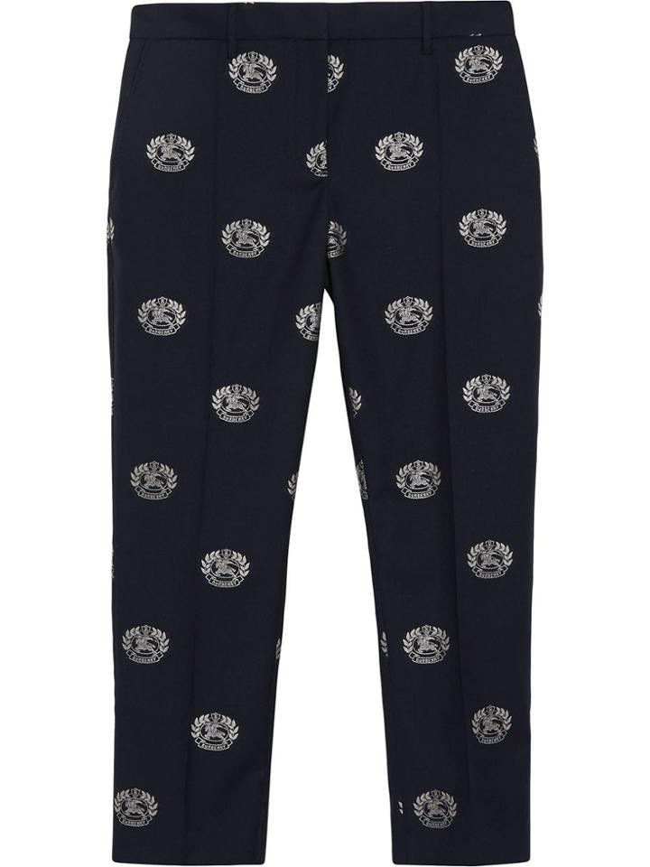 Burberry Crest Detail Wool Cropped Tailored Trousers - Blue