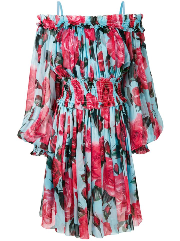 Dolce & Gabbana Cold Shoulder Rose Print Dress - Multicolour