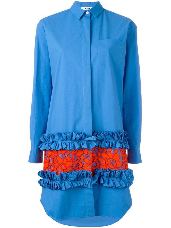 Msgm Frill Hem Shirt Dress, Women's, Size: 42, Blue, Cotton/spandex/elastane/polyurethane