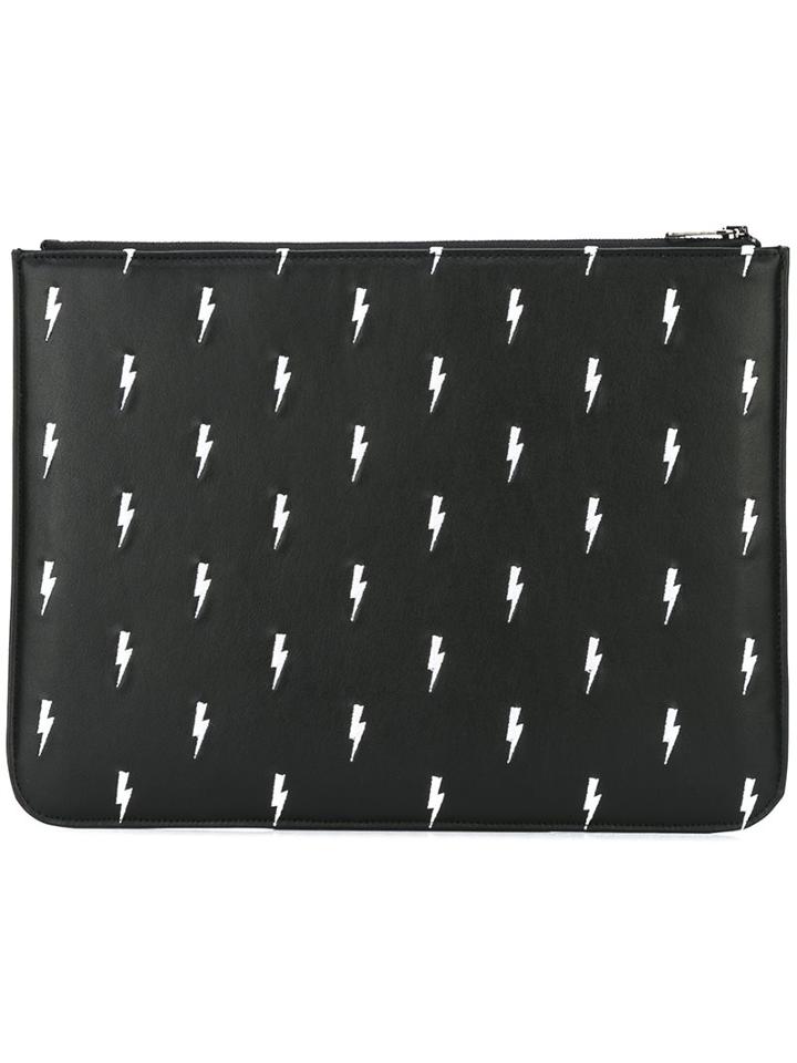 Neil Barrett Lightning Bolt Embroidered Clutch, Men's, Black, Leather