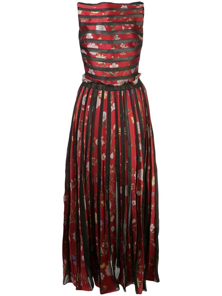 Oscar De La Renta Floral Print Pleated Gown - Red