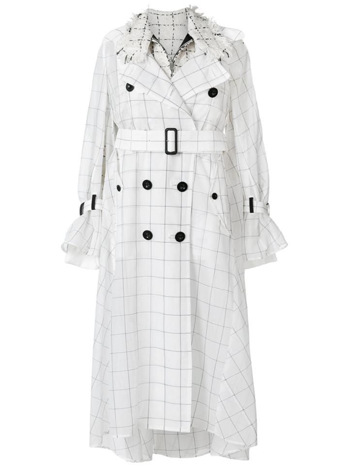 Sacai Grid Print Trench Coat - White