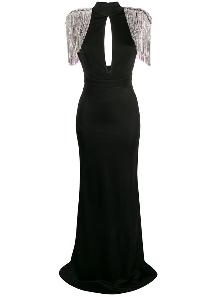 Elisabetta Franchi Rhinestone-fringed Sleeve Gown - Black