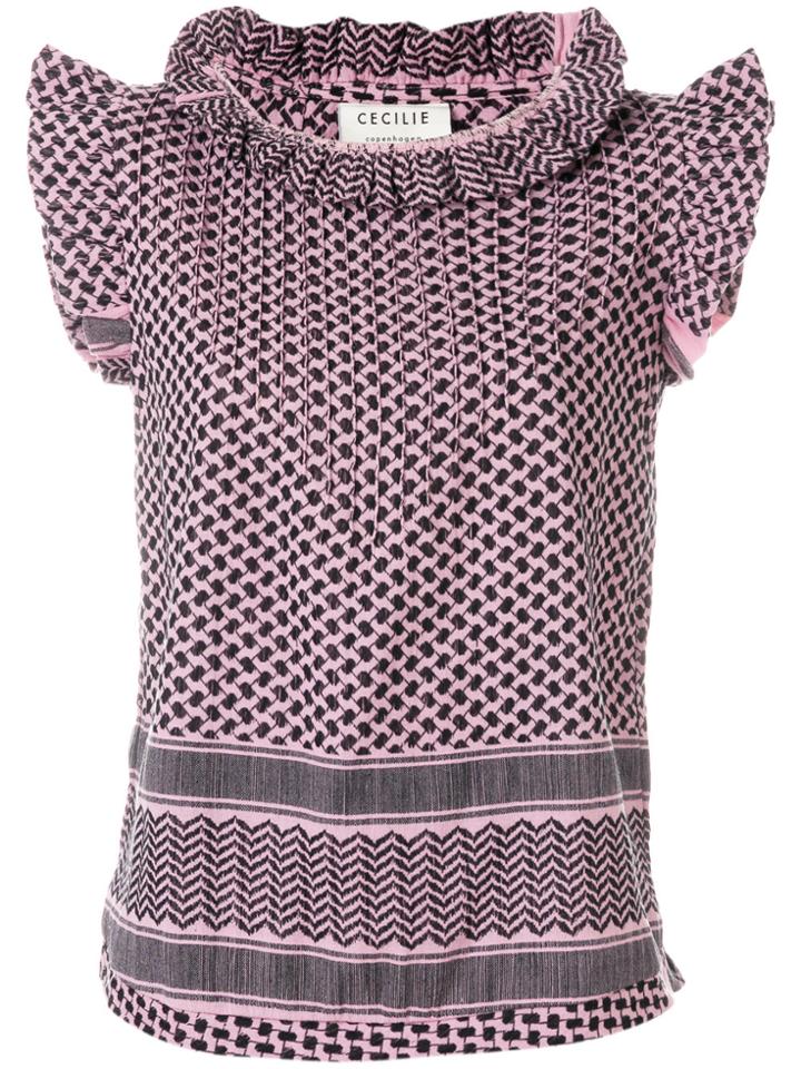 Cecilie Copenhagen Ruffle Trim Patterned Top - Pink & Purple
