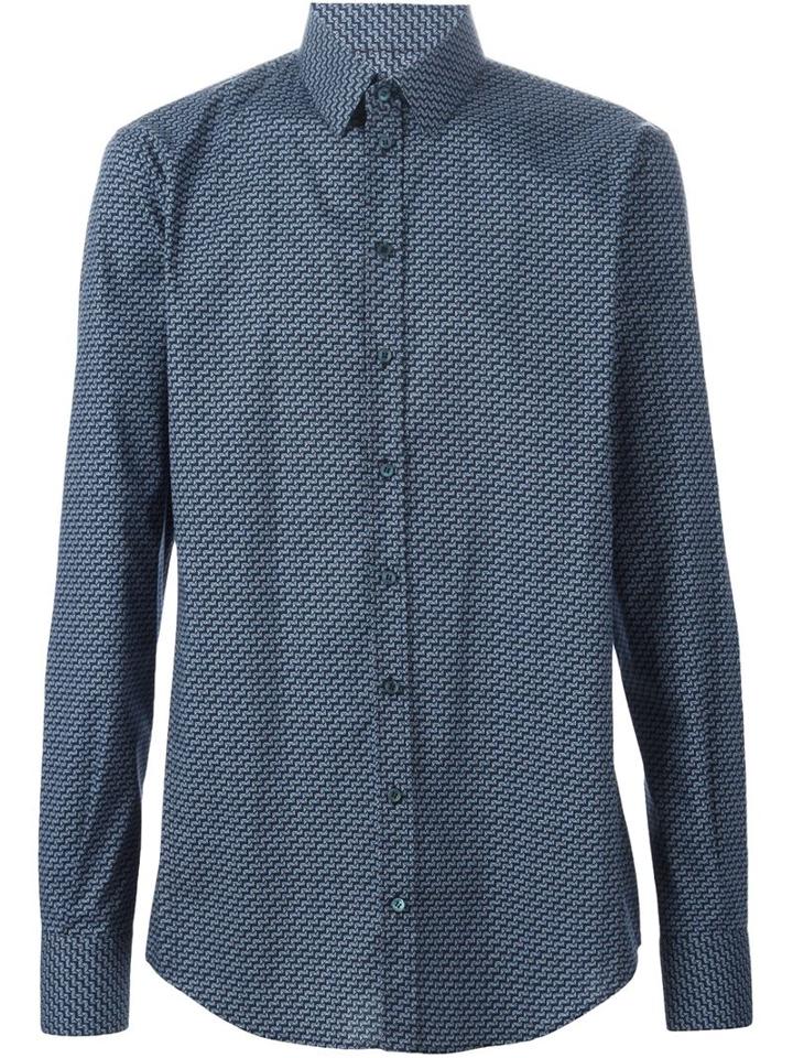 Dolce & Gabbana Geometric Printed Shirt, Men's, Size: 44, Blue, Cotton/spandex/elastane