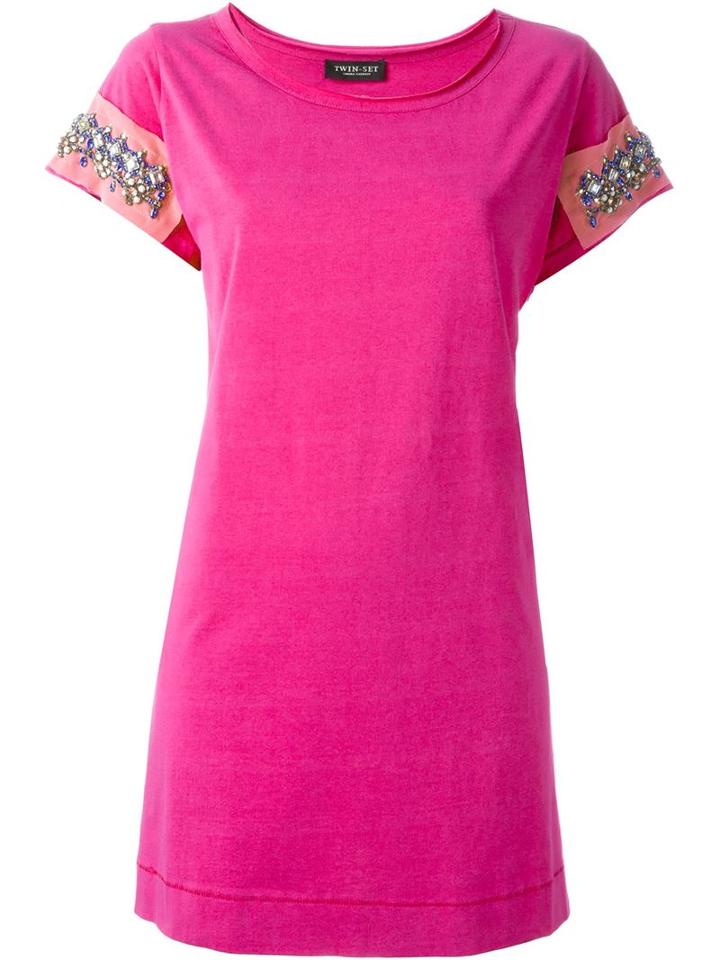 Twin-set Embellished Sleeve T-shirt, Women's, Size: L, Pink/purple, Cotton/polyester/crystal