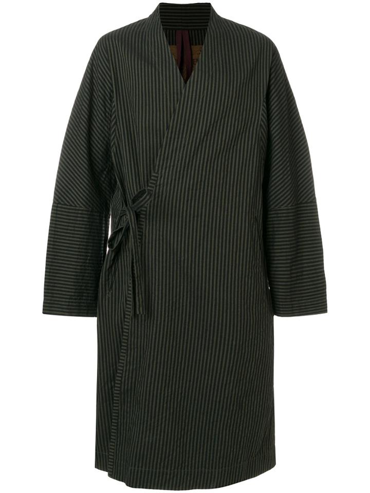 Ziggy Chen Striped Crossover Belted Coat - Green