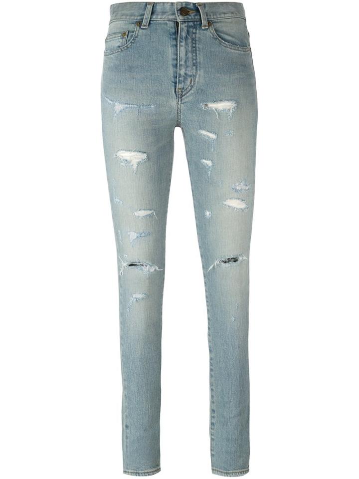 Saint Laurent Destroyed Skinny Jeans, Women's, Size: 25, Blue, Cotton/spandex/elastane