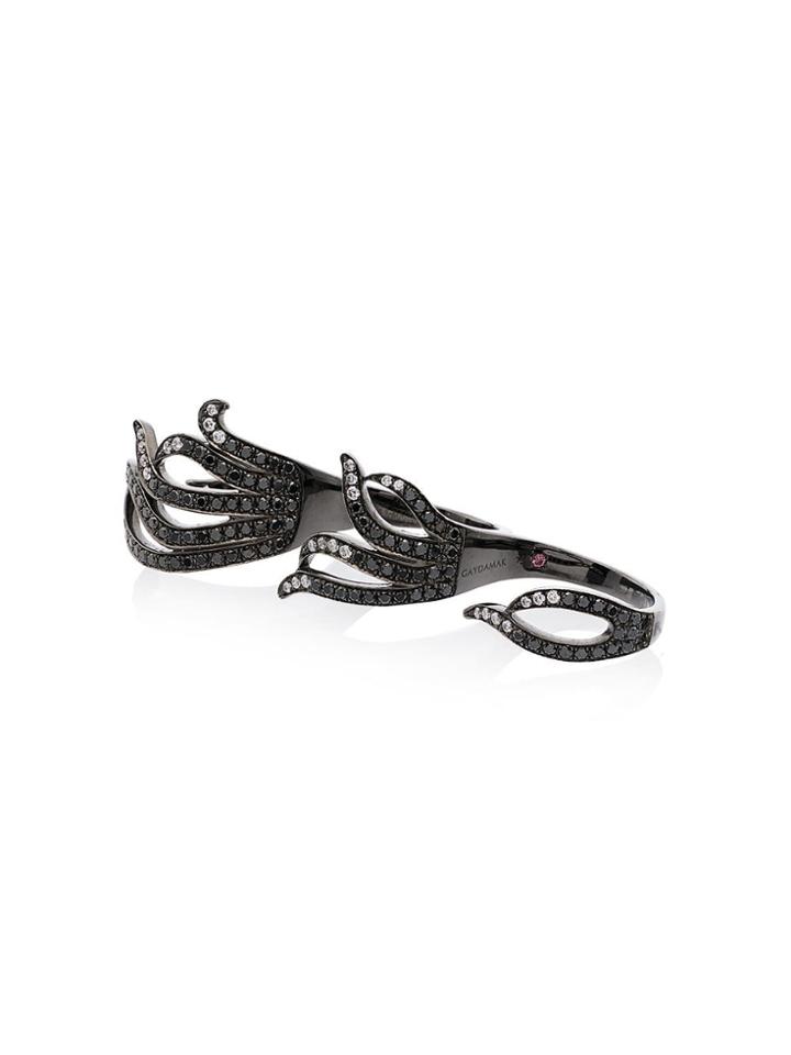 Gaydamak Black Three Finger Feathered 18k Gold Diamond Ring