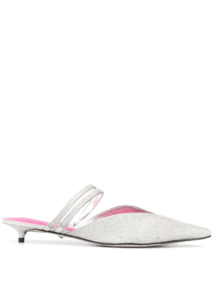 Schutz Mini Shine Kitten Heel Mules - Silver