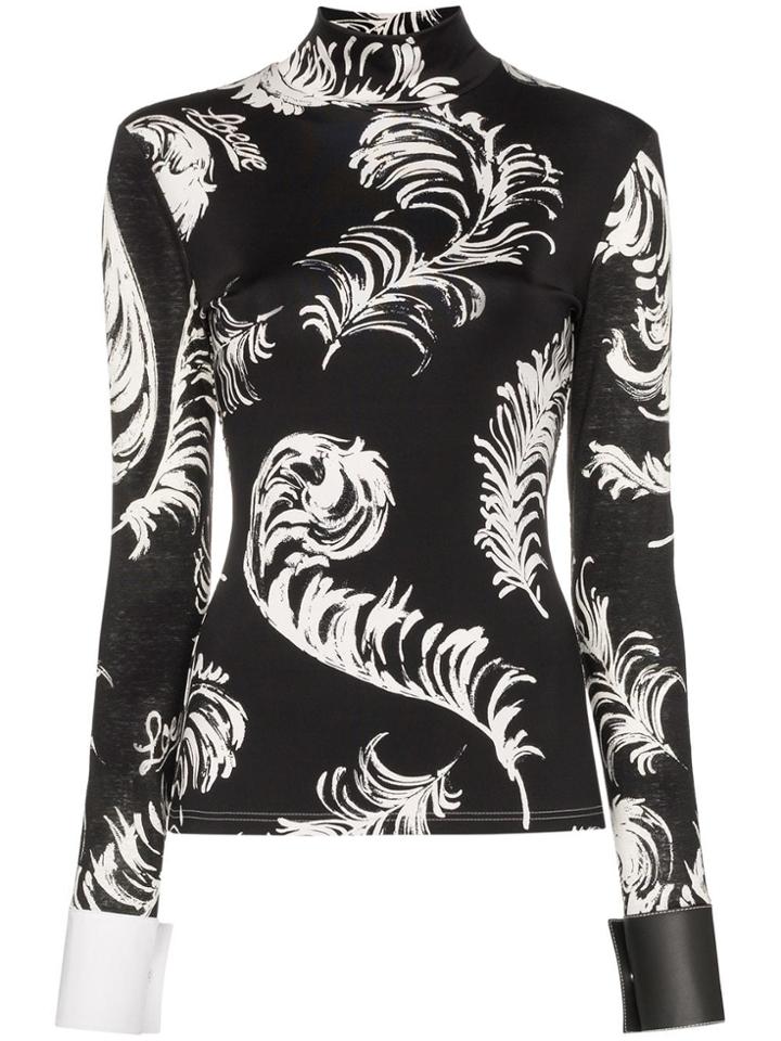 Loewe Feather-print Contrast-cuff Top - Black