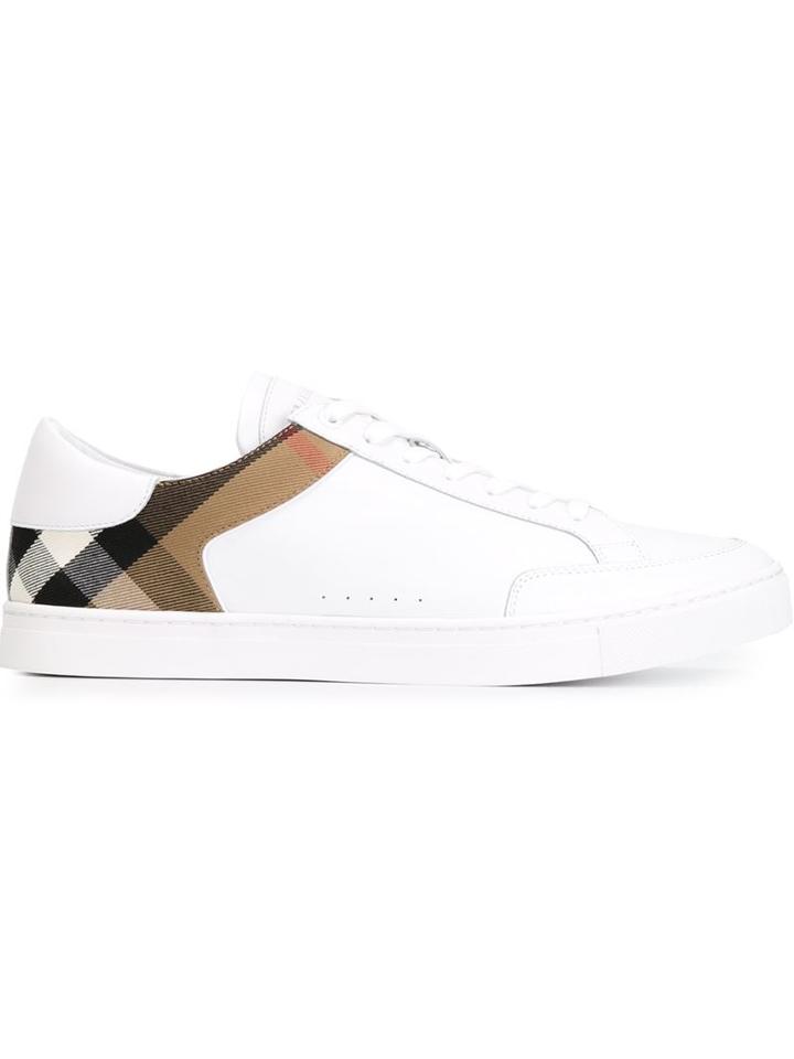 Burberry House Check Panel Sneakers, Men's, Size: 45, White, Calf Leather/cotton/rubber