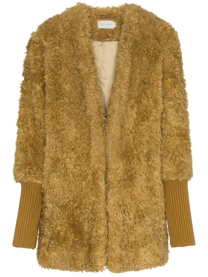 Low Classic Single Breasted Ribbed Cuff Faux Fur Coat - Mustard