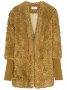 Low Classic Single Breasted Ribbed Cuff Faux Fur Coat - Mustard