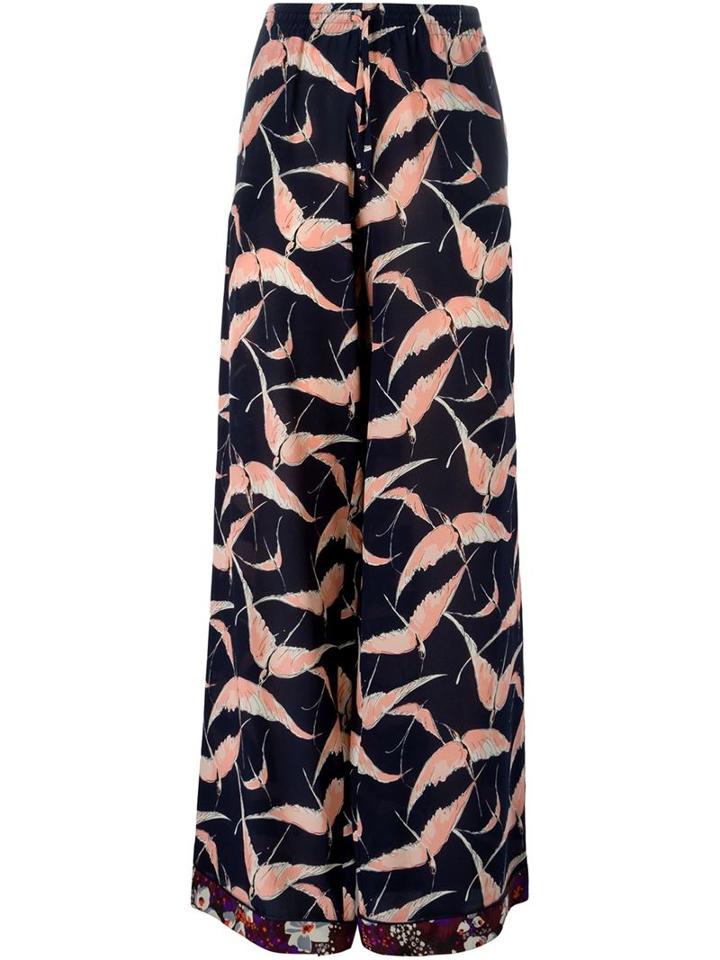 Valentino Bird Print Wide Leg Trousers, Women's, Size: Small, Blue, Silk