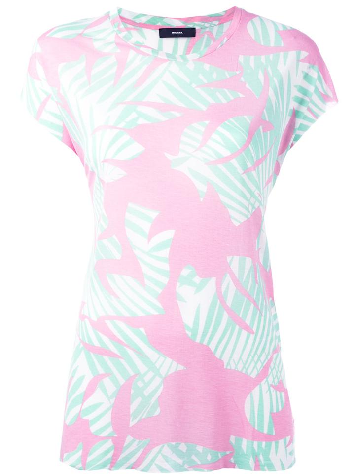 Diesel Leaf Print T-shirt, Women's, Size: Large, Pink/purple, Viscose