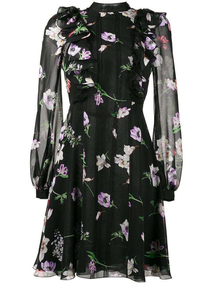 Giambattista Valli Floral Print Ruffle Dress, Women's, Size: 42, Black, Silk/polyamide
